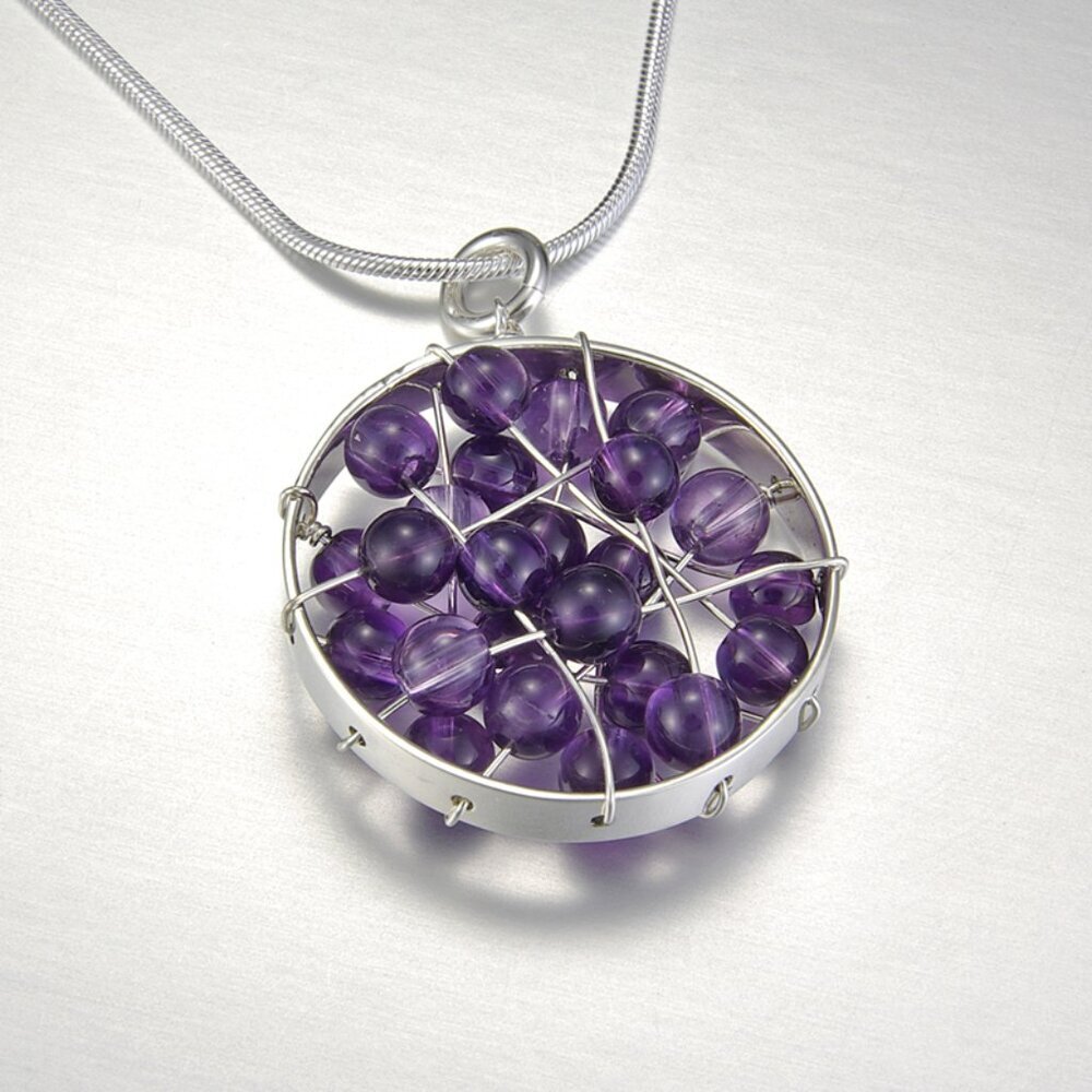 Amethyst Orb Pendant Necklace‎ Sterling Silver Wire Wrapped Statement Jewelry